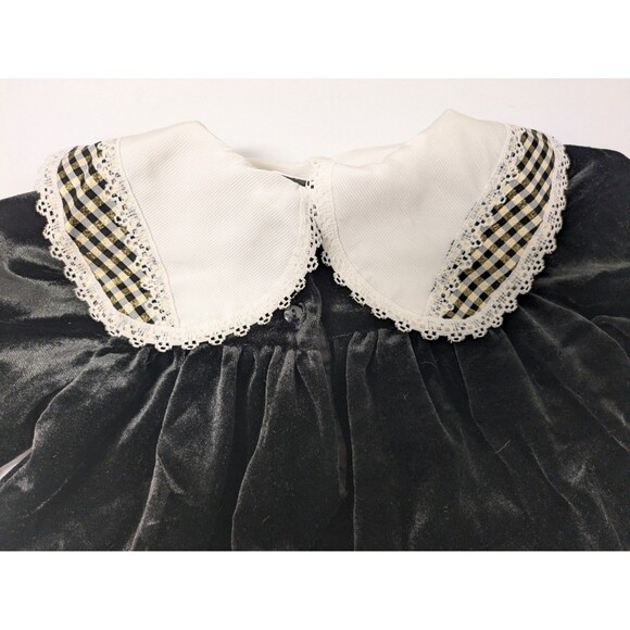 Vintage Little Precious Toddler Black Crushed Velvet Dress sz 2T Lace Plaid Gold - Picture 10 of 13